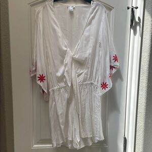 VENUS White Kimono Romper with Red Floral Design